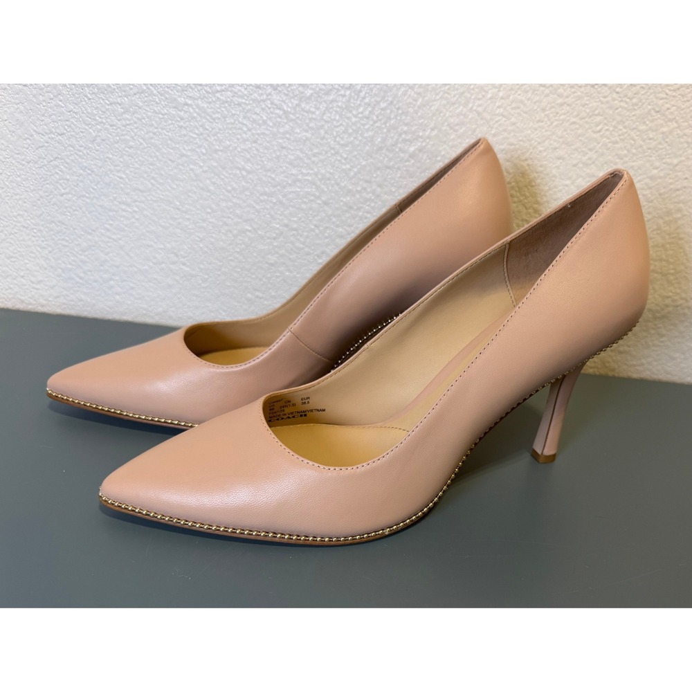 Coach Samantha Bead Chain Pointed Toe Pumps Beechwood Leather Nude Heels Size 8 - Picture 3 of 9